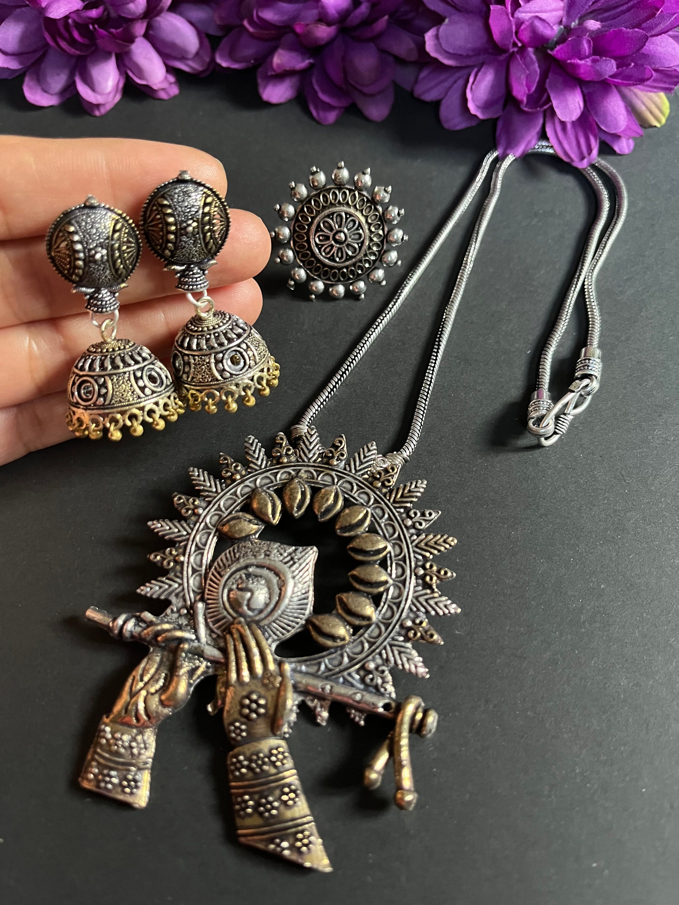 Designer Dual Tone Oxidized Jewellery Combo Set Long Gold Designer Dual Tone Oxidized Jewellery Combo Set Long Gold