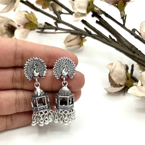 Designer Silver Oxidized Jhumka Peacock Earrings Indian Pakistani Jewelry For Wedding