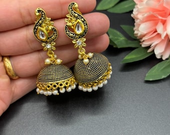 Designer Kundan Meenakari Jhumka Earrings: Indian Pakistani Jewelry