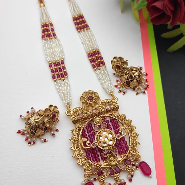 Designer Bridal Long Rani Haar Necklace set with Earrings Jhumka Kundan Gold Pearls Mala South Indian Necklace  Bridal Jewellery