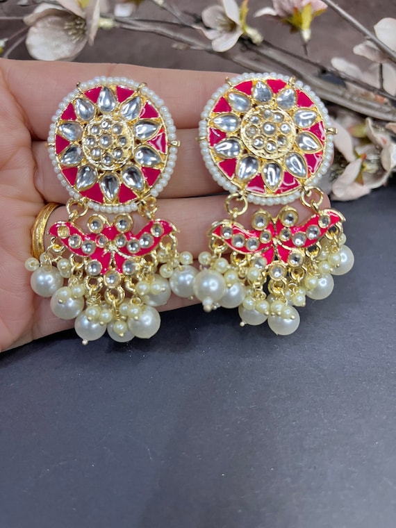 Kundan Jhumka Earrings with Pink and Golden Meenakari – AryaFashions
