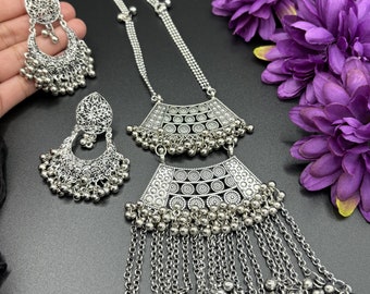 Designer Silver Oxidized Long Necklace with Jhumka Earrings Indian / Pakistani Jewelry Jewellery