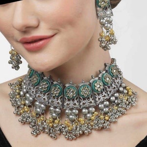 Designer Silver with Gold Oxidized Jewellery Multi Colours Choker Necklace Jhumka Earrings Afghani Necklace Earrings Jhumka Jewelry