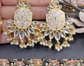 Designer Indian Pakistani Gold Kundan Meenakari Chandbali Jhumkas Earrings lightweight Chandelier Earring Jewelry Collection for Eid Wedding