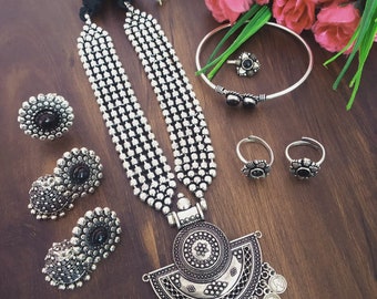 Oxidized German Silver Jewelry Set: Necklace, Jhumka Earrings, Kada Bracelet
