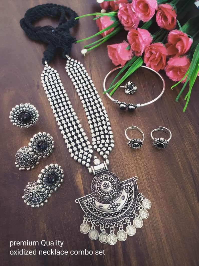 Designer German Silver Oxidized Jewellery Combo Long Necklace Set Jhumka Earrings Kada Bracelet Toe Rings Nose Pin Indian Pakistani Jewelry Design 3