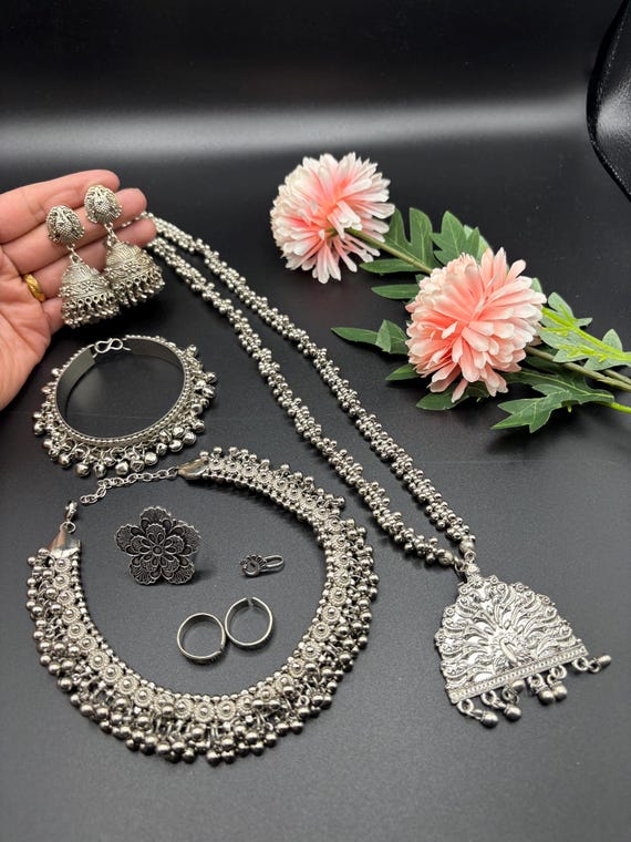 Designer Silver Oxidized Jewellery Long Necklace /choker Designer Silver Oxidized Jewellery Long Necklace /choker