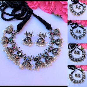 Oxidized Silver Kundan Choker Necklace with Jhumka Earrings
