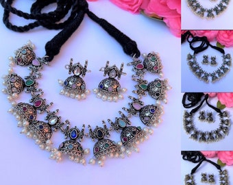 Oxidized Silver Kundan Choker Necklace with Jhumka Earrings