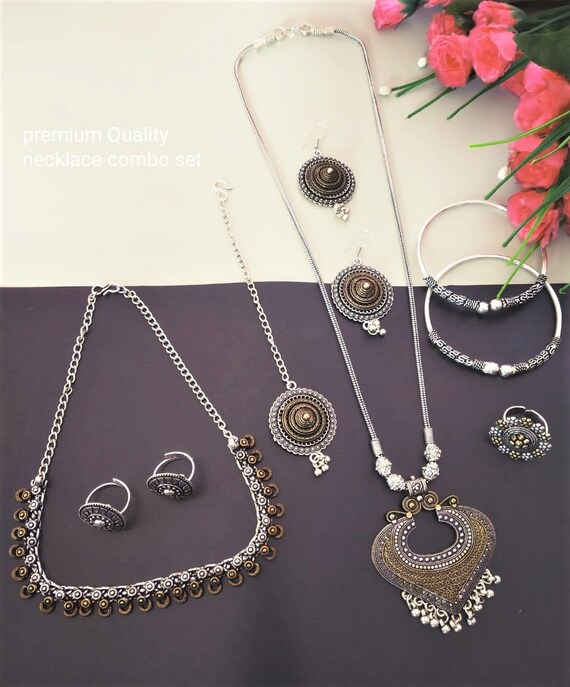 Designer Gold Silver Oxidized Jewellery Combo Set Long Necklace