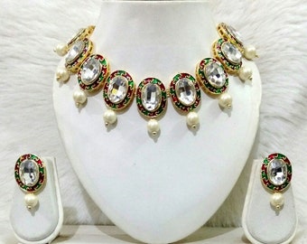Designer Diamond Pearls Meenakari Gold Kundan Bridal Choker Necklace Studs Earrings Wedding Jewellery Chandelier Bridesmaid Gift Jewelry