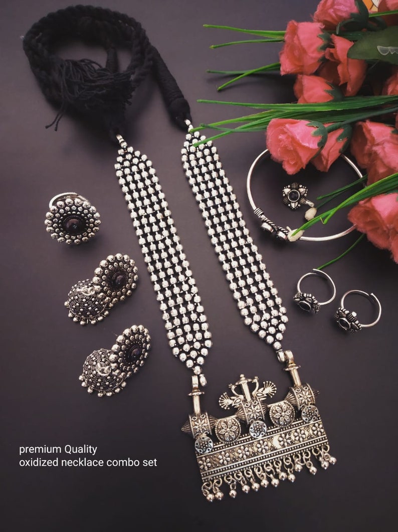 Designer German Silver Oxidized Jewellery Combo Long Necklace Set Jhumka Earrings Kada Bracelet Toe Rings Nose Pin Indian Pakistani Jewelry Design 6