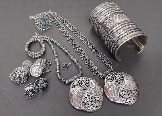 Designer Silver Oxidized Jewellery X2 Long Necklace With