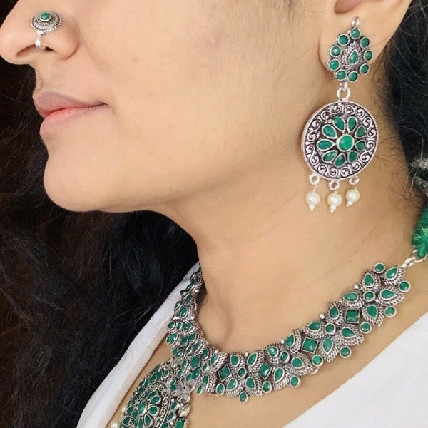 Designer Indian Pakistani Silver Oxidized Jewellery Combo Choker Necklace Chandelier Earring, Nose Ring Jhumka Afghani Boho Jewelry Wedding