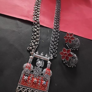 Designer German Silver Oxidized Jewellery Long Necklace with Jhumka Earrings  Jewelry