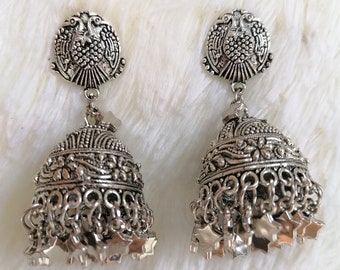 Designer Peacock German Silver Oxidized Jewellery for Wedding Long Jhumka Afghani Boho Design Drop Earrings Jewelry