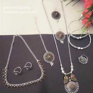 Designer Gold & Silver Oxidized Jewellery Combo Set Long Necklace Chandelier/ Dangle Earrings Kada (Bracelets) Toe Rings Boho Jewelry