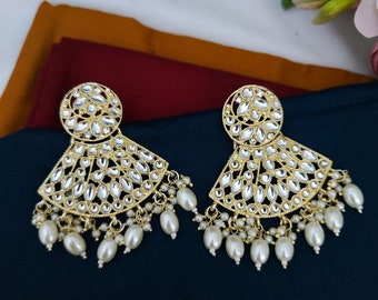 Designer Indian Pakistani Gold Kundan Chandelier Bridal Big Jhumka Earrings Jewellery Kundan Chandbali bridal earrings Jewelry Wedding
