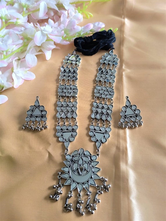 Oxidized Silver Afghan Necklace Chandelier Earrings: Indian