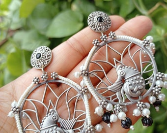 Black Silver Chandbali Jhumka Earrings: Indian Pakistani Wedding Jewelry