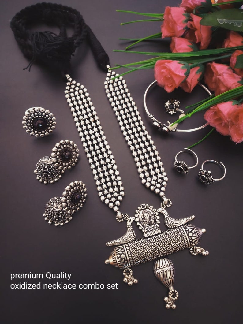 Designer German Silver Oxidized Jewellery Combo Long Necklace Set Jhumka Earrings Kada Bracelet Toe Rings Nose Pin Indian Pakistani Jewelry Design 4