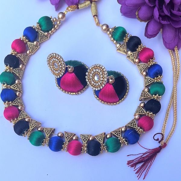 Designer Silk Thread Choker Necklace Wedding Jewellery Chandelier Gold Jhumka Afghani Boho Design Drop Earrings Jewelry