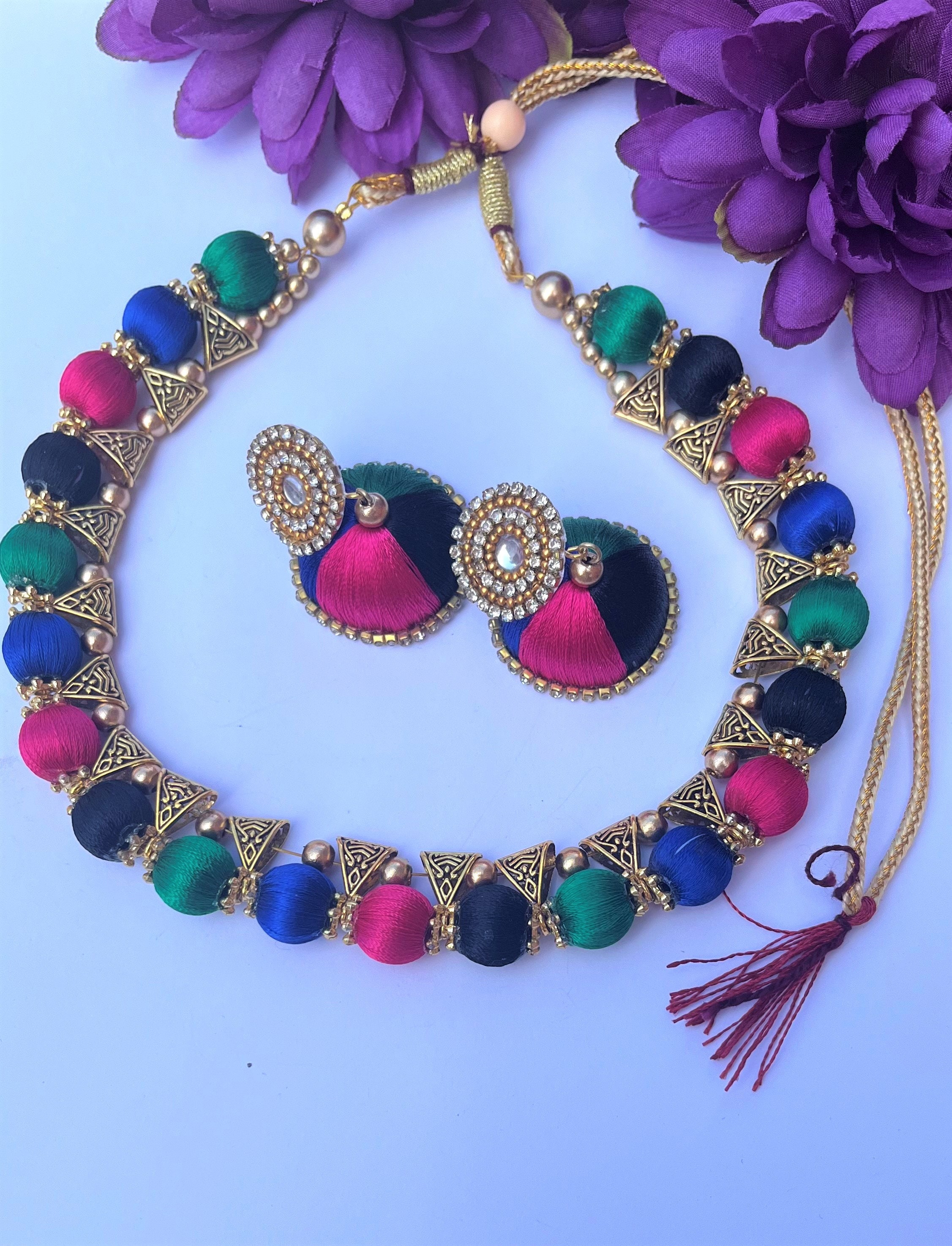 Silk Thread Necklace Set Red - Keralaspecial