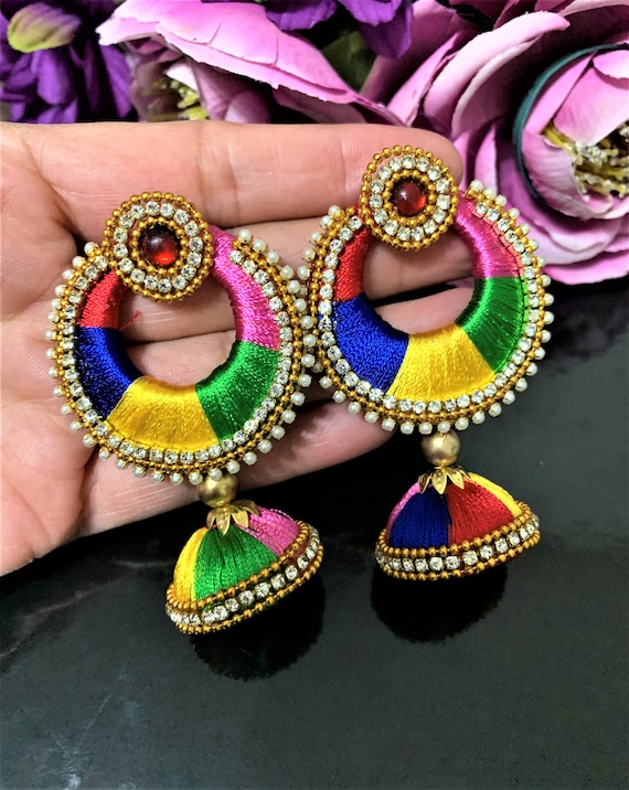 Designer Silk Thread Jewellery for Navratri wedding Red Necklace Earrings Jhumka 