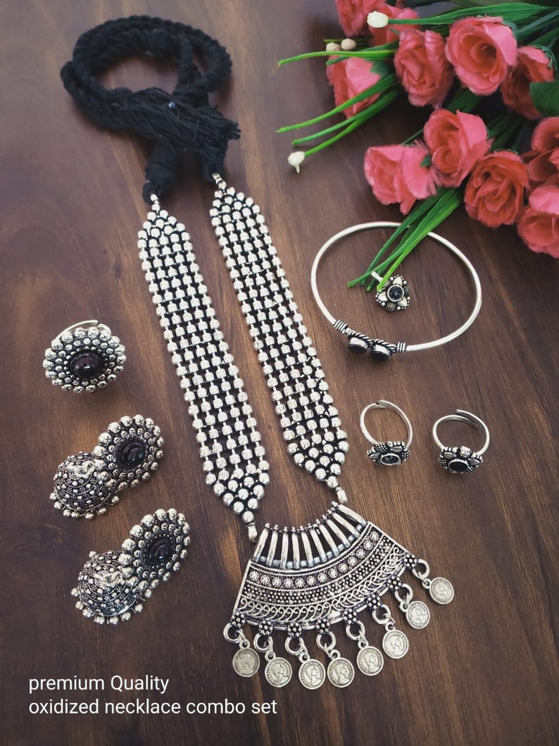 Designer German Silver Oxidized Jewellery Combo Long Necklace Set Jhumka Earrings Kada Bracelet Toe Rings Nose Pin Indian Pakistani Jewelry Design 2