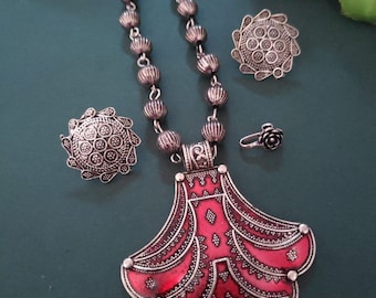 Meenakari oxidierte Silber Halskette & Ohrstecker mit Nasenstift