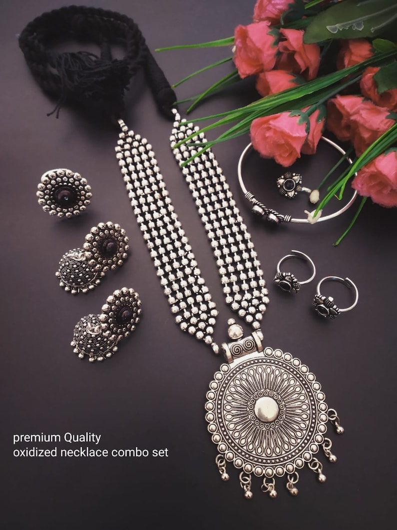 Designer German Silver Oxidized Jewellery Combo Long Necklace Set Jhumka Earrings Kada Bracelet Toe Rings Nose Pin Indian Pakistani Jewelry Design 7