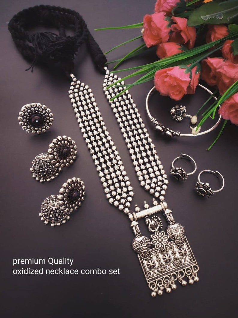 Designer German Silver Oxidized Jewellery Combo Long Necklace Set Jhumka Earrings Kada Bracelet Toe Rings Nose Pin Indian Pakistani Jewelry Design 5