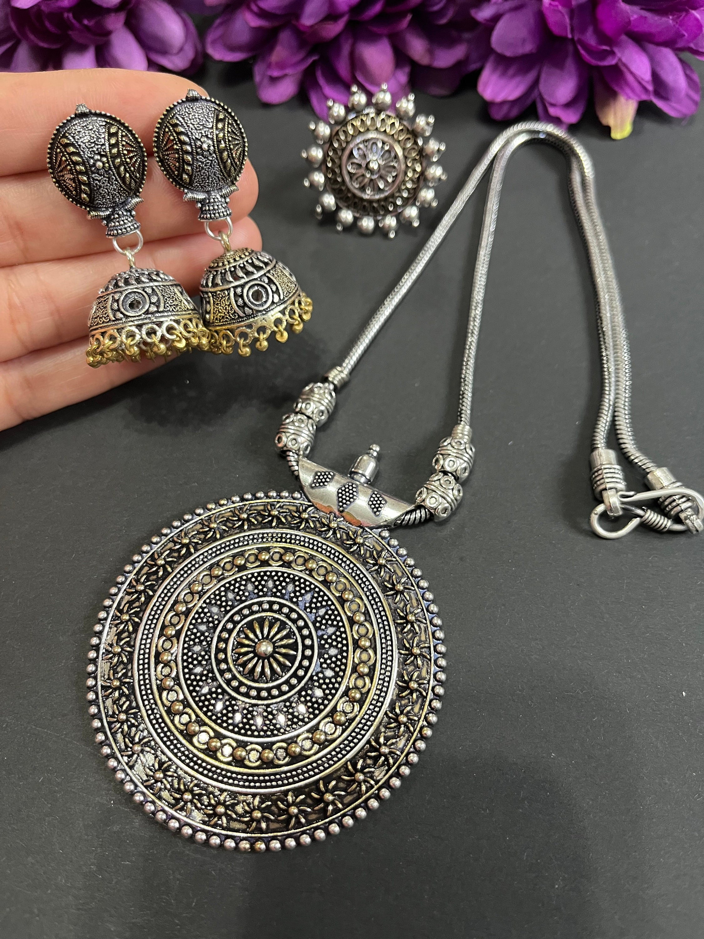 Designer Dual Tone Oxidized Jewellery Combo Set Long Gold Designer Dual Tone Oxidized Jewellery Combo Set Long Gold