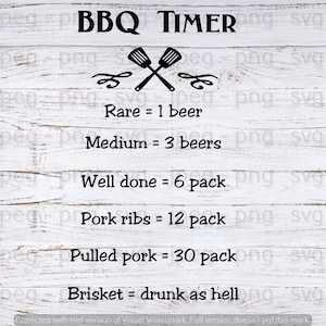 May include: A BBQ timer design with crossed spatulas and text on a white wood background. The text includes "Rare = 1 beer", "Medium = 3 beers", "Well done = 6 pack", "Pork ribs = 12 pack", "Pulled pork = 30 pack", and "Brisket = drunk as hell".