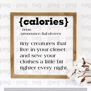 May include: A framed print with a humorous definition of "calories" as tiny creatures that live in your closet and sew your clothes a little bit tighter every night.