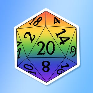 May include: A colorful sticker of a twenty-sided die, with a rainbow gradient design. The numbers are black and the die is outlined in white. The background is a gradient of blue.