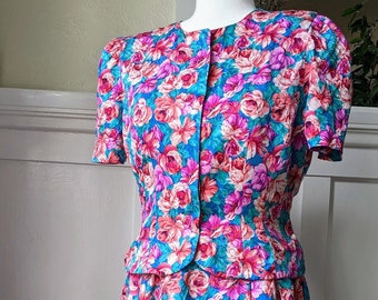 Conjunto de falda de seda floral de dos piezas vintage de los años 80