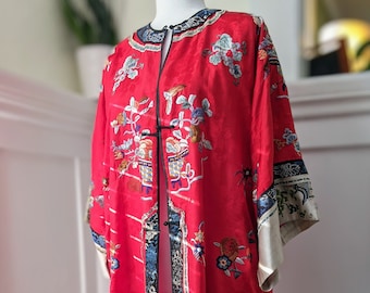 Antique 19th Century Qing Dynasty Embroidered Silk Robe, Antique Boho Red Silk Chinese Robe, Museum Quality, size S