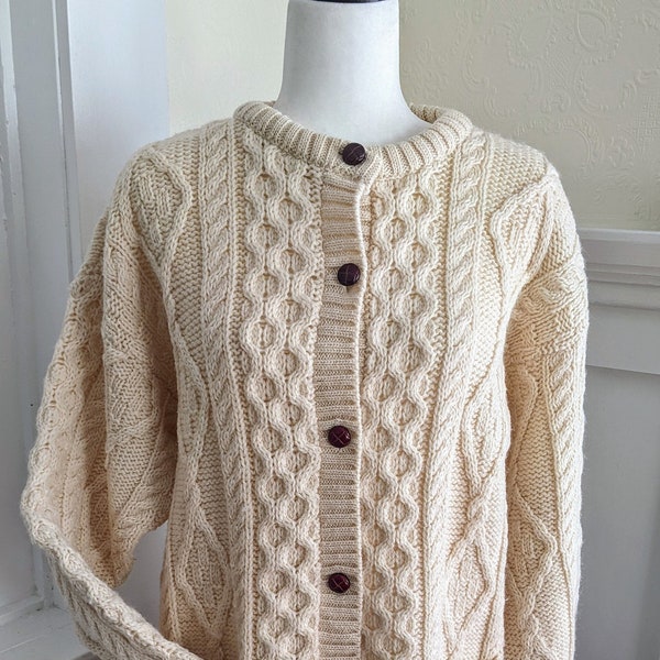 Vintage Aran Cardigan, Irish Cable Sweater by Thomas Keeling Size L