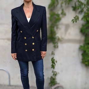 80&#39;s Vintage Escada Margaretha Ley, Navy Cotton Blazer, Escada Designer Double Breasted Jacket Size M