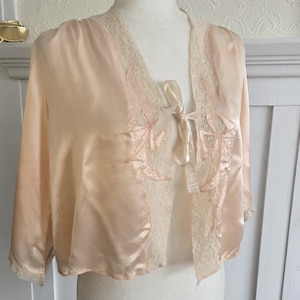 Vintage 1930s Silk Satin Bed Jacket: Pink Lace Trim, Size S/M