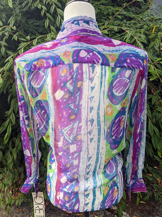 Deadstock Sheer 80's Novelty Silk Blouse, Multico… - image 5