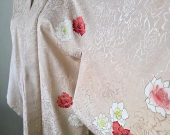 Vintage 50s Hand-Painted Silk Haori Robe, Chrysanthemum Jacquard