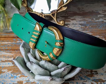 Vintage 80's Green Leather Belt, Wide Green Leather Belt Size S/M