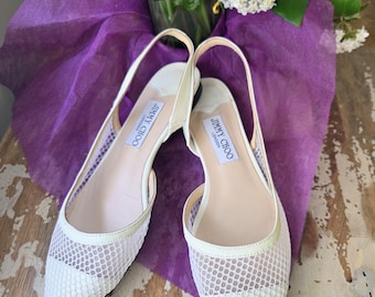 Zapatos planos Jimmy Choo Fetto blancos de malla con tira trasera, zapatos de novia de diseñador, zapatos planos de boda de punta, estilo vintage, de lujo, talla 37