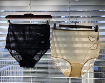 Vintage 80s High Waisted Panty, Sheer Nylon Knickers, Lace Butterfly Detail (S/M)