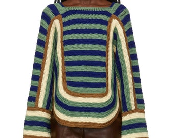 Bode 4 Stripe Crocheted Merino Sweater, Designer Chunky Sweater Bode Sizes S/M