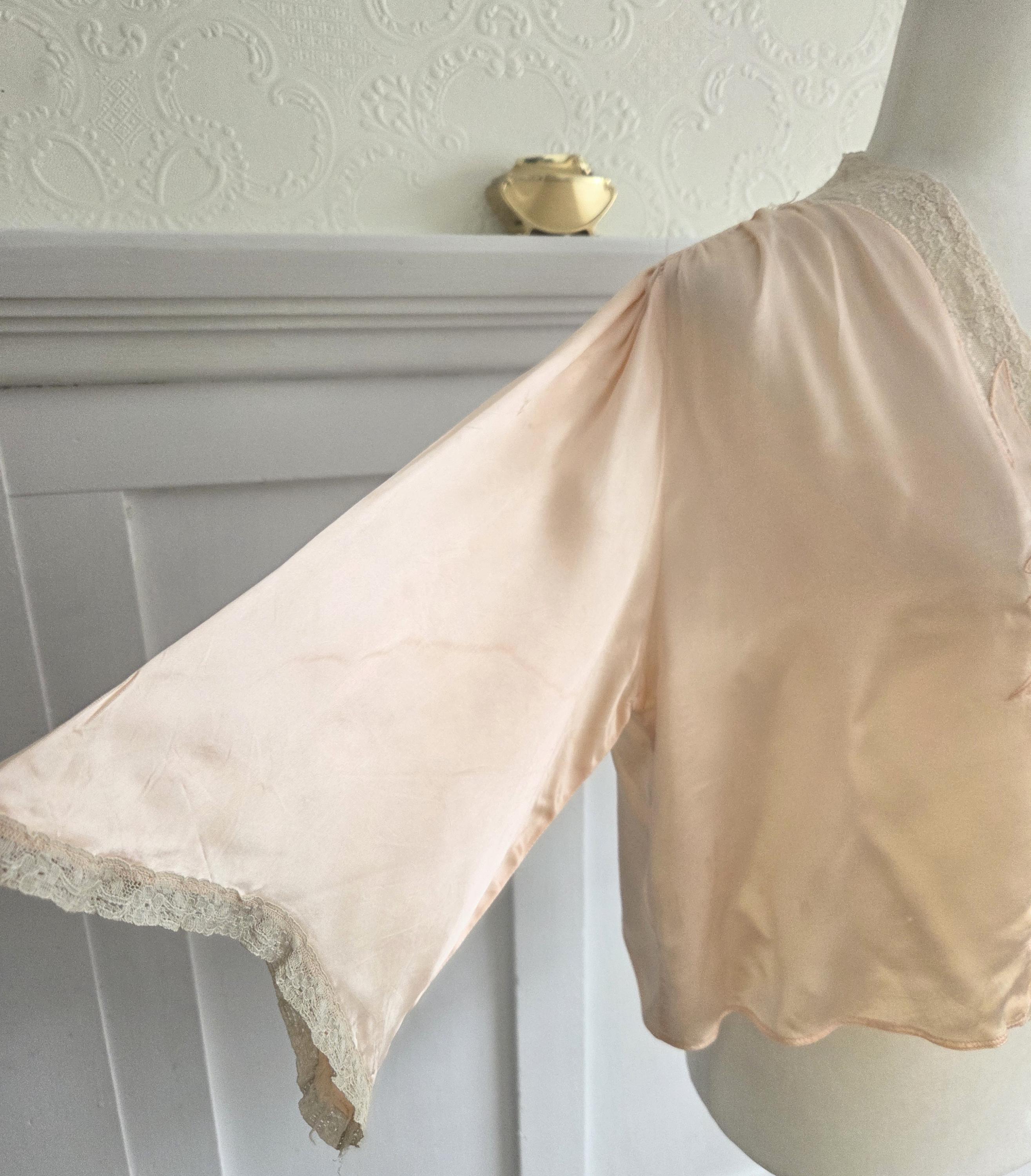 Vintage 1930s Silk Satin Bed Jacket: Pink Lace Trim, Size S