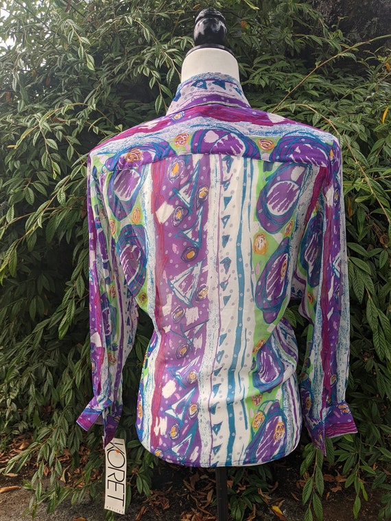 Deadstock Sheer 80's Novelty Silk Blouse, Multico… - image 2