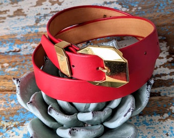 Vintage Red Gold Leather Belt, Vintage Abstract Red Leather Belt